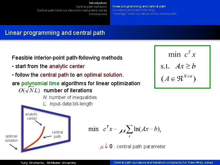 Introduction Central path behavior Central path total curvature for redundant cubes Conclusions linear programming