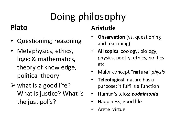 Plato Doing philosophy • Questioning; reasoning • Metaphysics, ethics, logic & mathematics, theory of