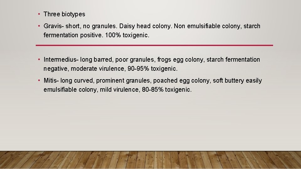  • Three biotypes • Gravis- short, no granules. Daisy head colony. Non emulsifiable