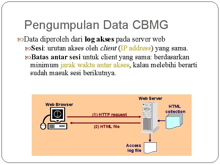 Pengumpulan Data CBMG Data diperoleh dari log akses pada server web Sesi: urutan akses