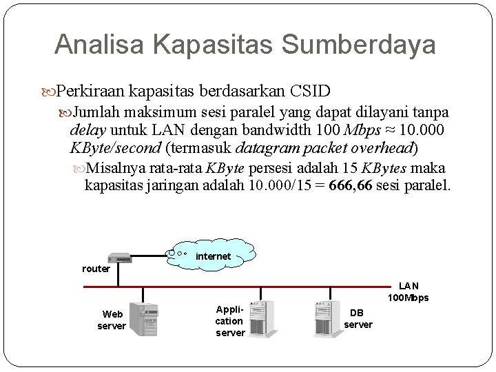 Analisa Kapasitas Sumberdaya Perkiraan kapasitas berdasarkan CSID Jumlah maksimum sesi paralel yang dapat dilayani