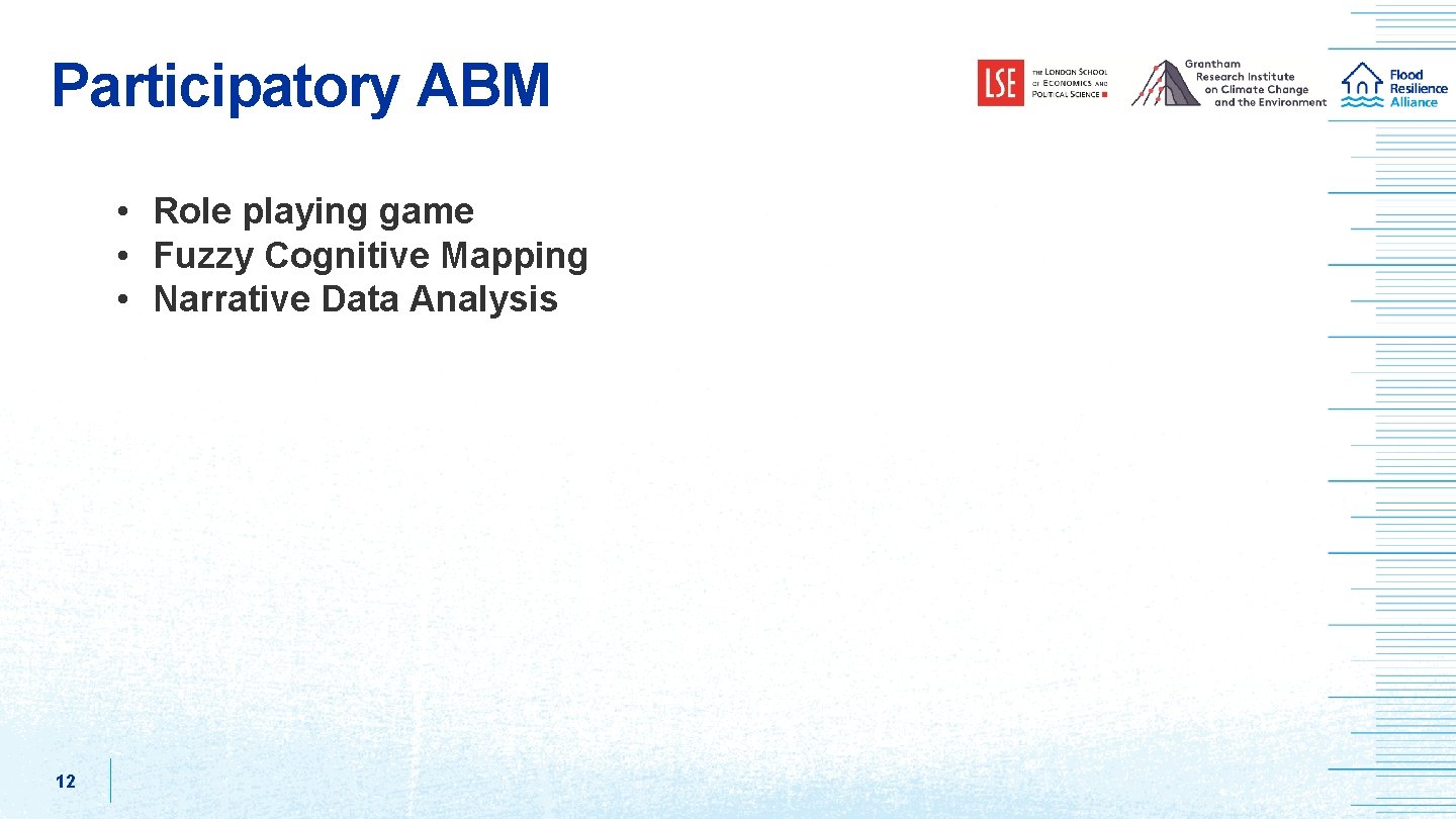Participatory ABM • Role playing game • Fuzzy Cognitive Mapping • Narrative Data Analysis