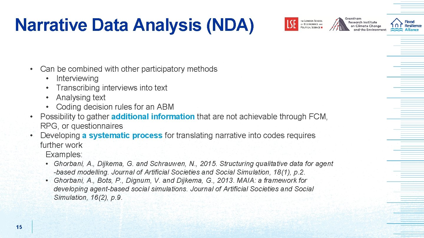 Narrative Data Analysis (NDA) • Can be combined with other participatory methods • Interviewing