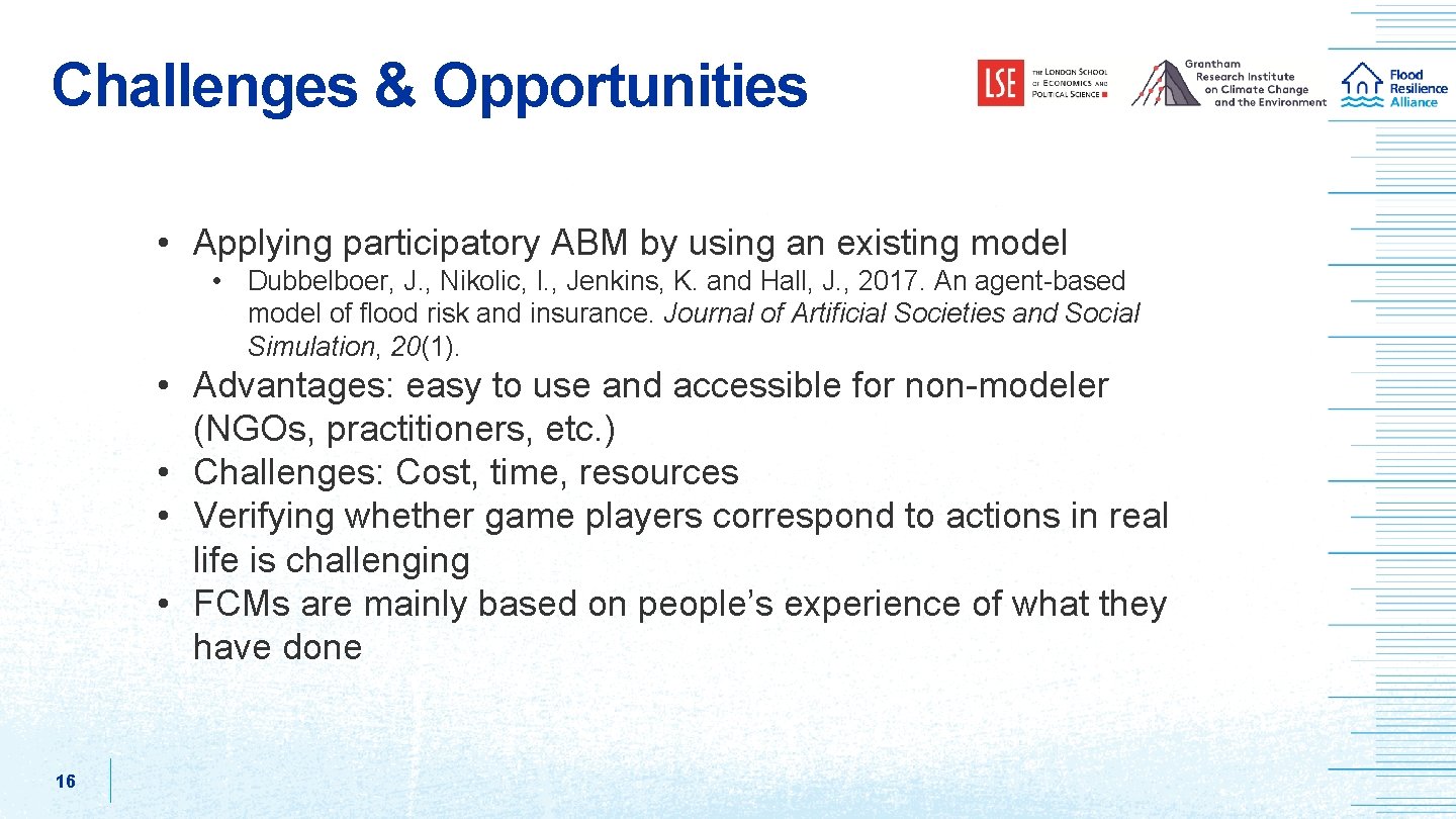 Challenges & Opportunities • Applying participatory ABM by using an existing model • Dubbelboer,