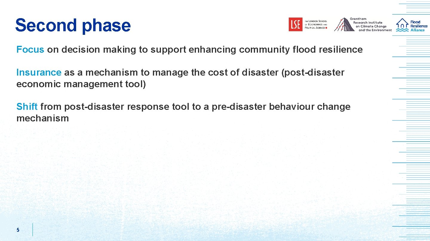 Second phase Focus on decision making to support enhancing community flood resilience Insurance as