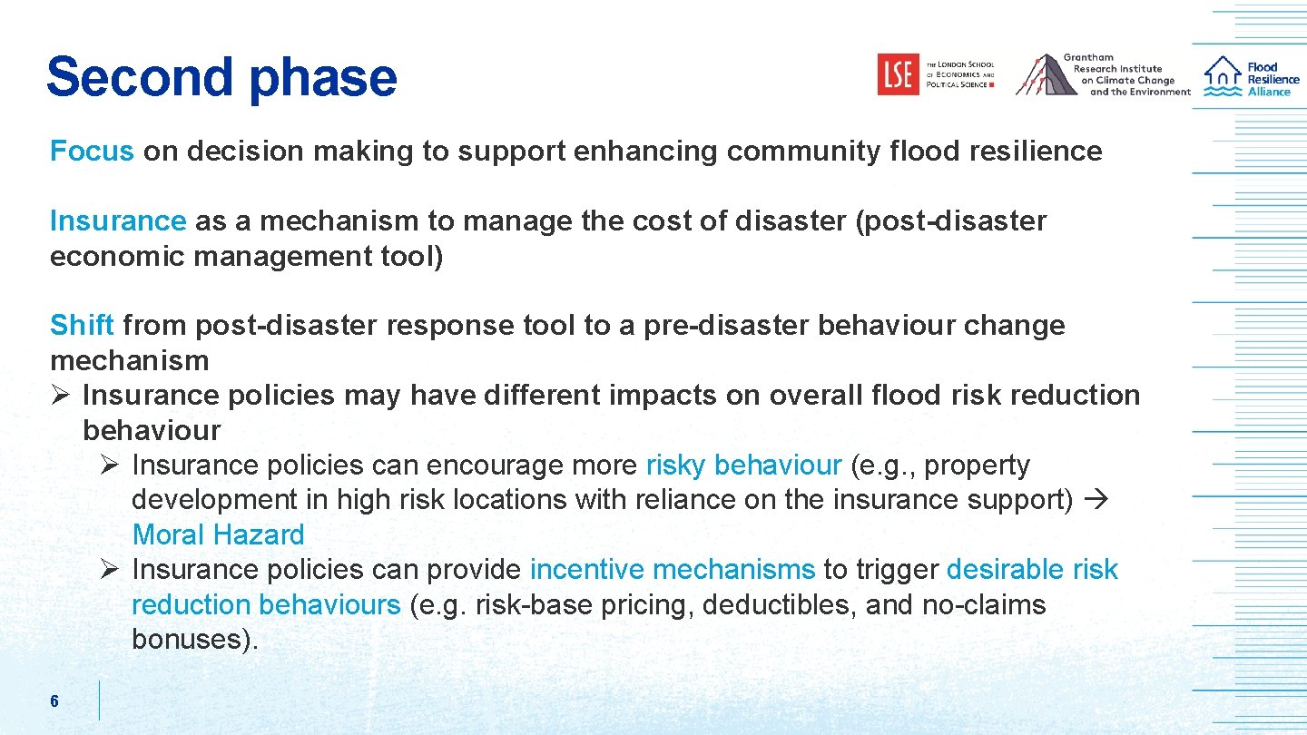 Second phase Focus on decision making to support enhancing community flood resilience Insurance as