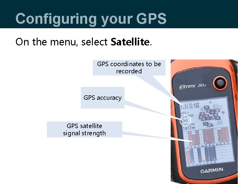 Configuring your GPS On the menu, select Satellite. GPS coordinates to be recorded GPS