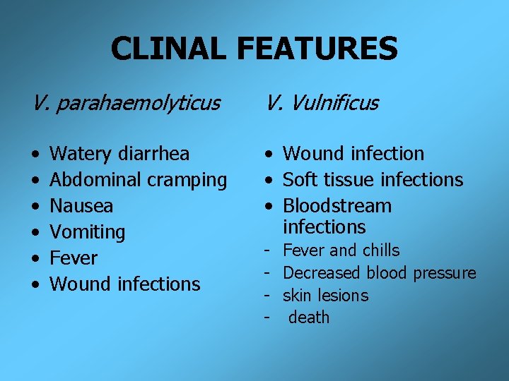 CLINAL FEATURES V. parahaemolyticus V. Vulnificus • • Wound infection • Soft tissue infections