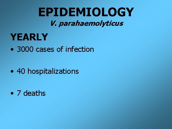 EPIDEMIOLOGY V. parahaemolyticus YEARLY • 3000 cases of infection • 40 hospitalizations • 7