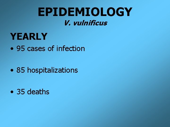EPIDEMIOLOGY V. vulnificus YEARLY • 95 cases of infection • 85 hospitalizations • 35