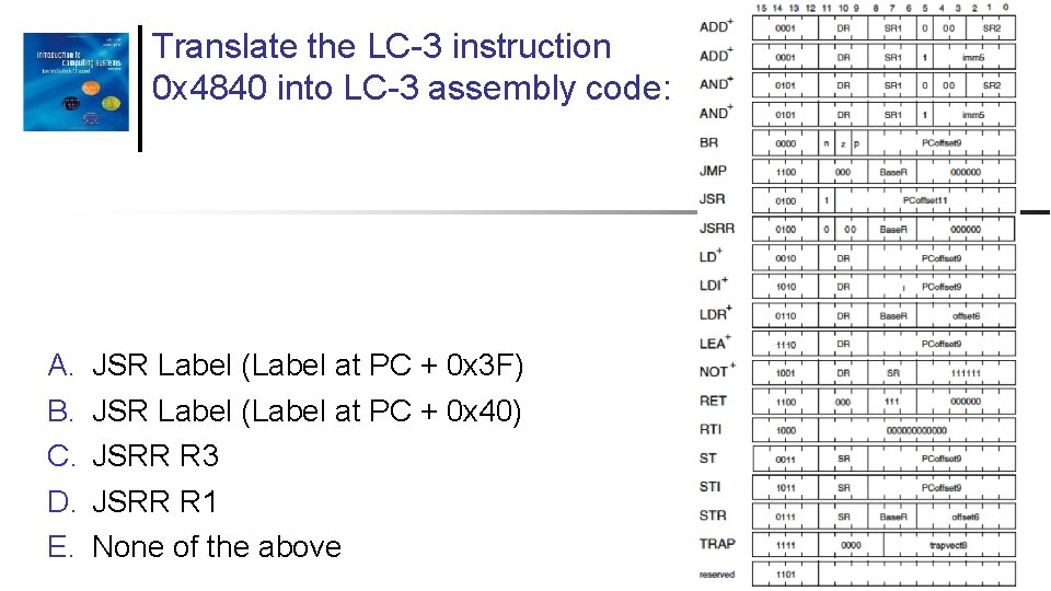 Translate the LC-3 instruction 0 x 4840 into LC-3 assembly code: A. B. C.