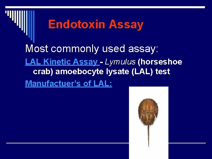 Endotoxin Assay Most commonly used assay: LAL Kinetic Assay - Lymulus (horseshoe crab) amoebocyte