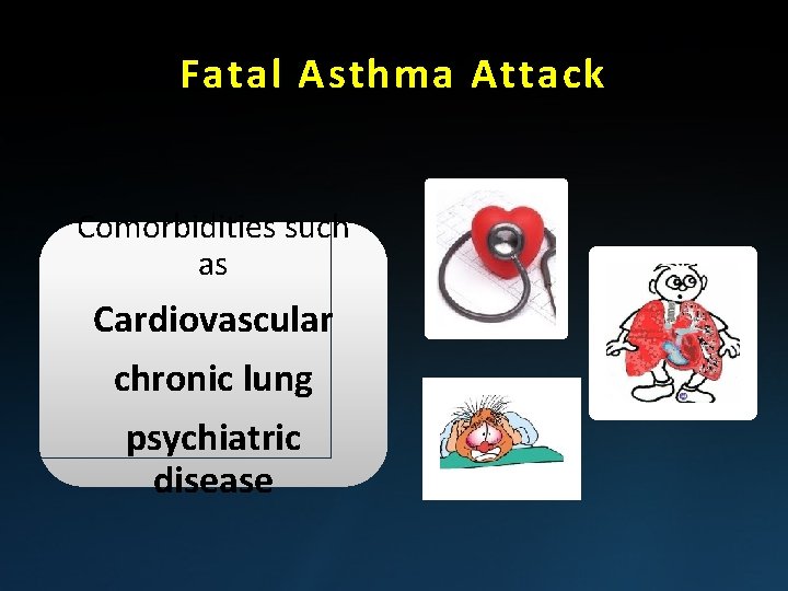 Fatal Asthma Attack Comorbidities such as Cardiovascular chronic lung psychiatric disease 