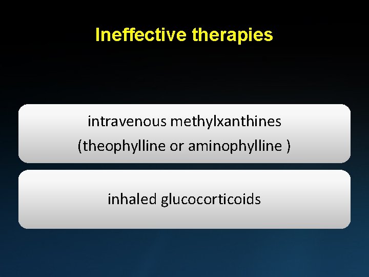 Ineffective therapies intravenous methylxanthines (theophylline or aminophylline ) inhaled glucocorticoids 