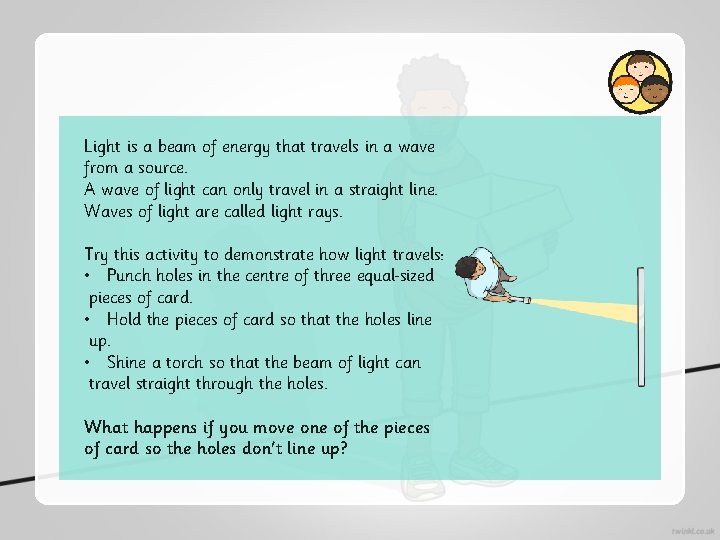 Light is a beam of energy that travels in a wave from a source. Light is a beam of energy that travels in a wave from a source.
