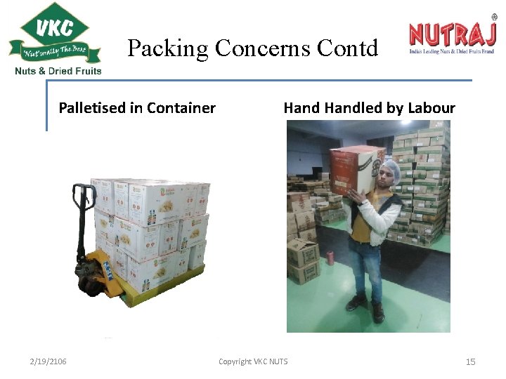Packing Concerns Contd Palletised in Container 2/19/2106 Handled by Labour Copyright VKC NUTS 15
