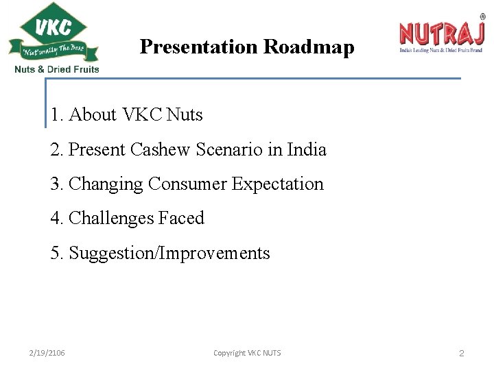 Presentation Roadmap 1. About VKC Nuts 2. Present Cashew Scenario in India 3. Changing