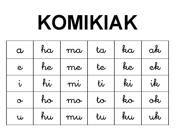 KOMIKIAK a e i o u ha he hi ho hu ma me mi