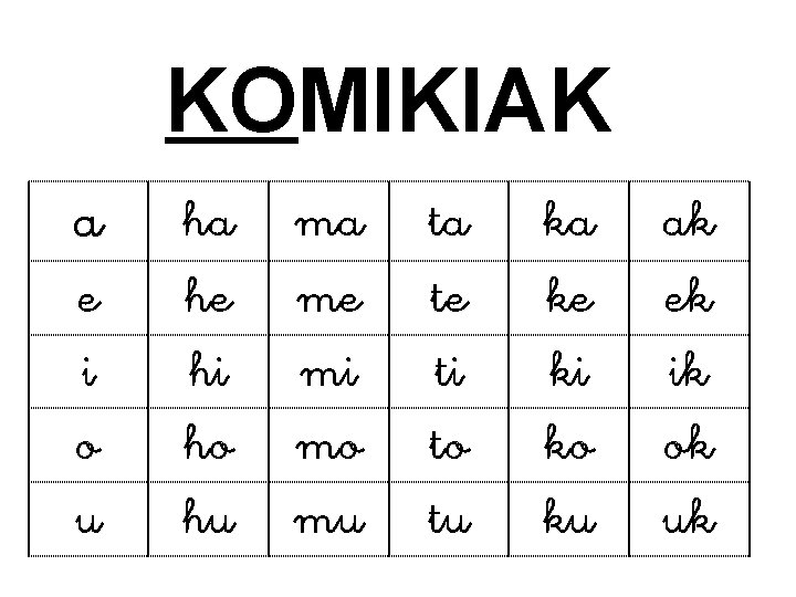 KOMIKIAK a e i o u ha he hi ho hu ma me mi