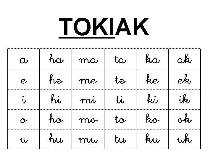 TOKIAK a e i o u ha he hi ho hu ma me mi