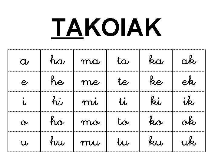 TAKOIAK a e i o u ha he hi ho hu ma me mi