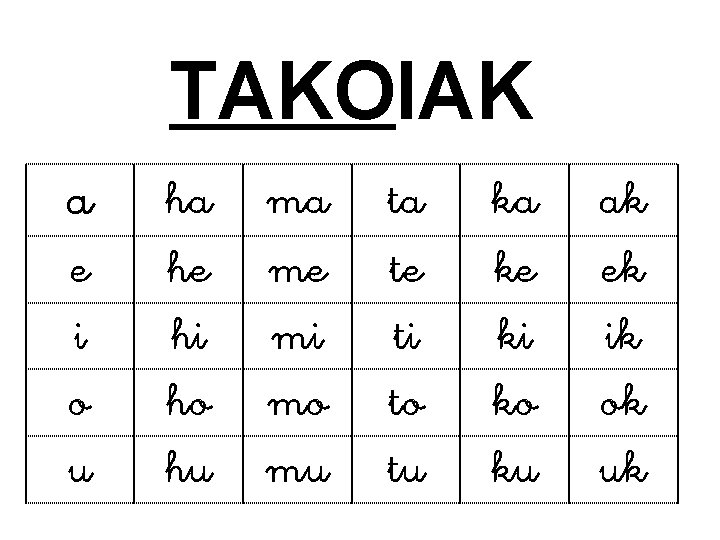 TAKOIAK a e i o u ha he hi ho hu ma me mi