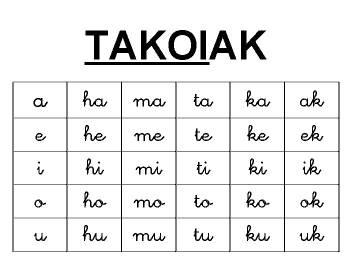 TAKOIAK a e i o u ha he hi ho hu ma me mi