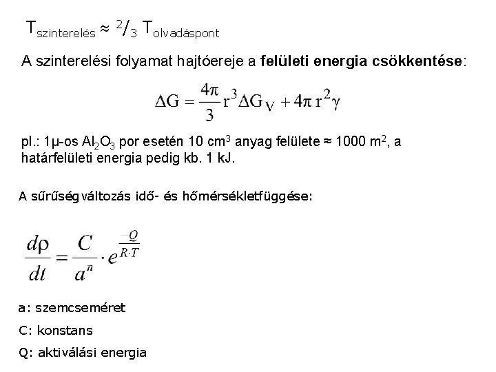 Tszinterelés 2/3 Tolvadáspont A szinterelési folyamat hajtóereje a felületi energia csökkentése: pl. : 1μ-os