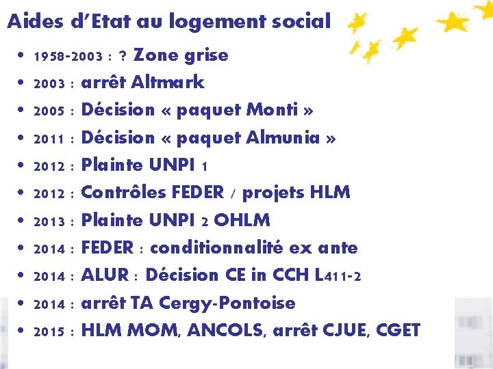 Aides d’Etat au logement social • 1958 -2003 : ? Zone grise • 2003