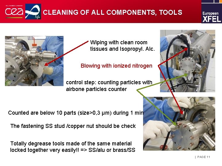 CLEANING OF ALL COMPONENTS, TOOLS Wiping with clean room tissues and Isopropyl. Alc. Blowing