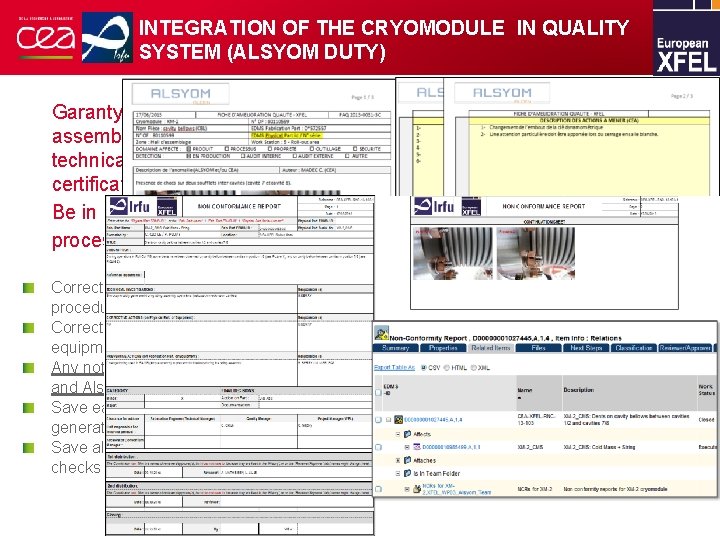 INTEGRATION OF THE CRYOMODULE IN QUALITY SYSTEM (ALSYOM DUTY) Garanty the conformity of the