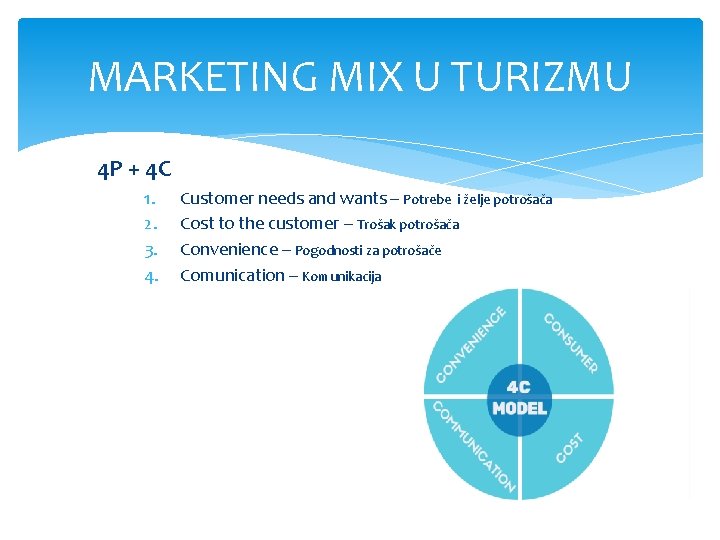 MARKETING MIX U TURIZMU 4 P + 4 C 1. 2. 3. 4. Customer