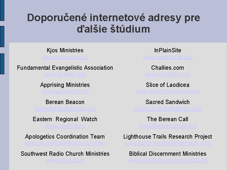 Doporučené internetové adresy pre ďalšie štúdium Kjos Ministries www. crossroad. to In. Plain. Site Doporučené internetové adresy pre ďalšie štúdium Kjos Ministries www. crossroad. to In. Plain. Site