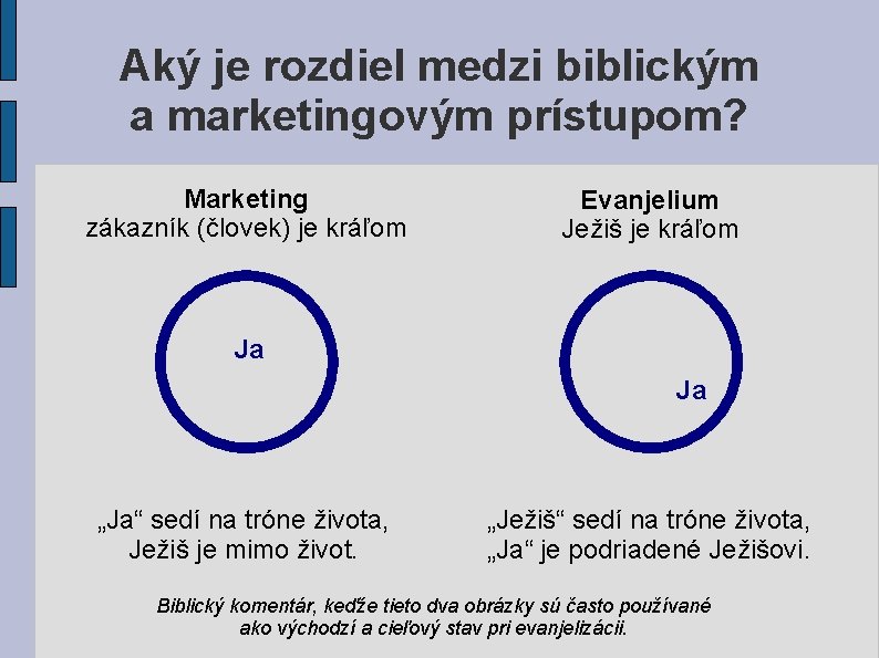 Aký je rozdiel medzi biblickým a marketingovým prístupom? Marketing zákazník (človek) je kráľom Evanjelium Aký je rozdiel medzi biblickým a marketingovým prístupom? Marketing zákazník (človek) je kráľom Evanjelium