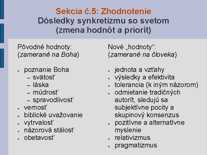 Sekcia č. 5: Zhodnotenie Dôsledky synkretizmu so svetom (zmena hodnôt a priorít) Pôvodné hodnoty: Sekcia č. 5: Zhodnotenie Dôsledky synkretizmu so svetom (zmena hodnôt a priorít) Pôvodné hodnoty: