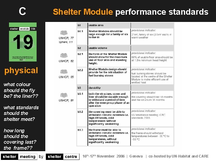 C Shelter Module performance standards 19 physical what colour should the fly be? the