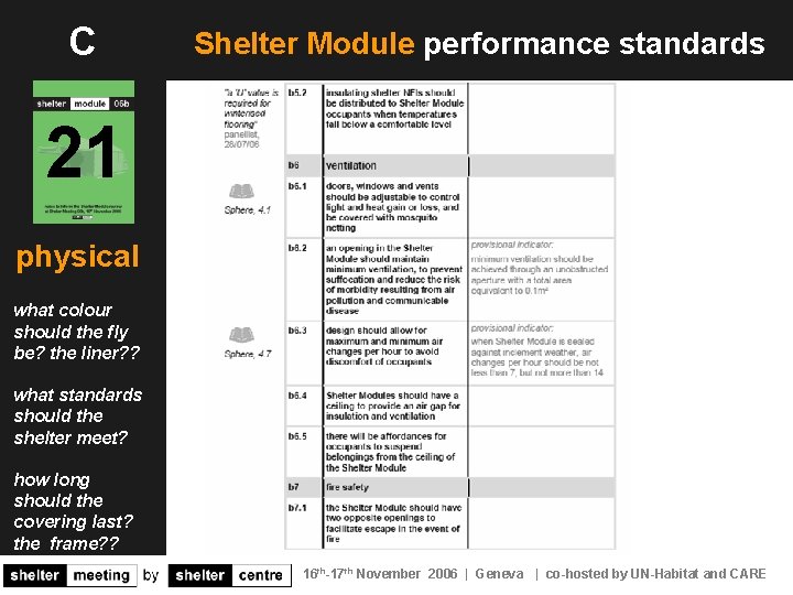 C Shelter Module performance standards 21 physical what colour should the fly be? the