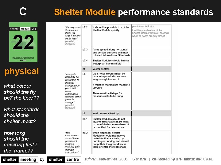 C Shelter Module performance standards 22 physical what colour should the fly be? the