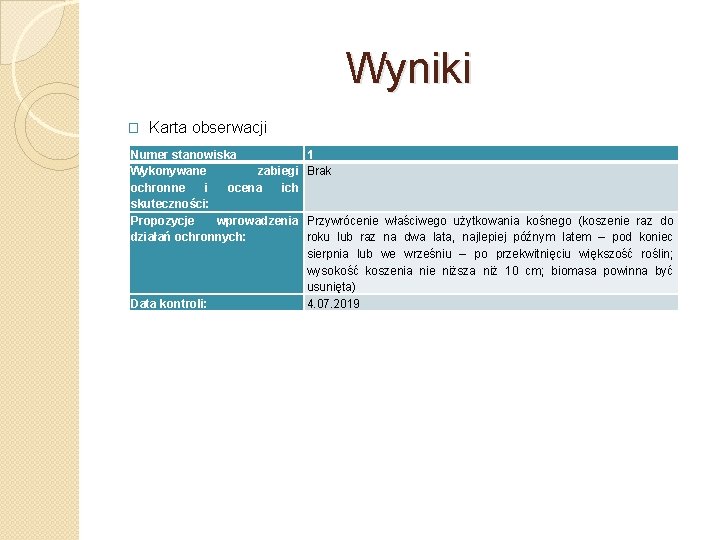 Wyniki � Karta obserwacji Numer stanowiska Wykonywane zabiegi ochronne i ocena ich skuteczności: Propozycje