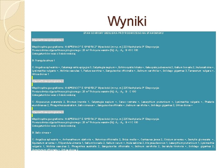 Wyniki STAN OCHRONY SIEDLISKA PRZYRODNICZEGO NA STANOWISKU Zdjęcia fitosocjologiczne 1 Współrzędne geograficzne: N 49