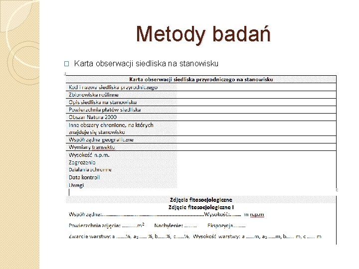 Metody badań � Karta obserwacji siedliska na stanowisku 