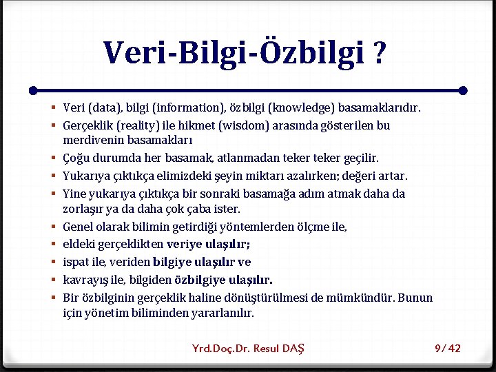 Veri-Bilgi-Özbilgi ? § Veri (data), bilgi (information), özbilgi (knowledge) basamaklarıdır. § Gerçeklik (reality) ile