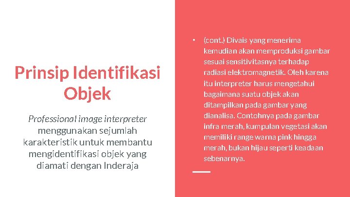  • Prinsip Identifikasi Objek Professional image interpreter menggunakan sejumlah karakteristik untuk membantu mengidentifikasi