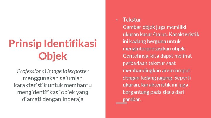 Prinsip Identifikasi Objek Professional image interpreter menggunakan sejumlah karakteristik untuk membantu mengidentifikasi objek yang