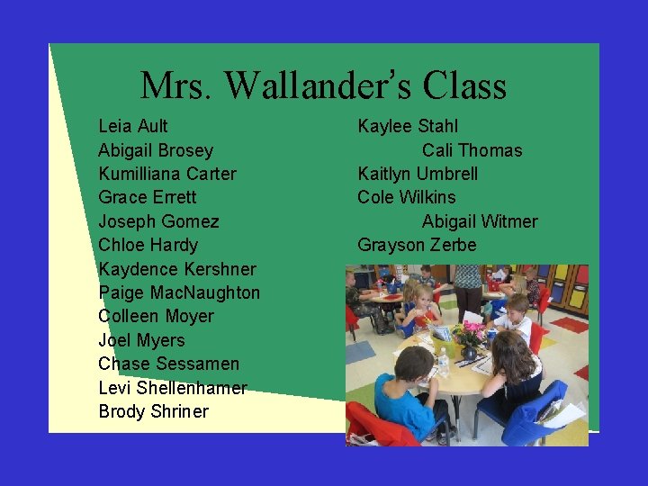 Mrs. Wallander’s Class Leia Ault Abigail Brosey Kumilliana Carter Grace Errett Joseph Gomez Chloe