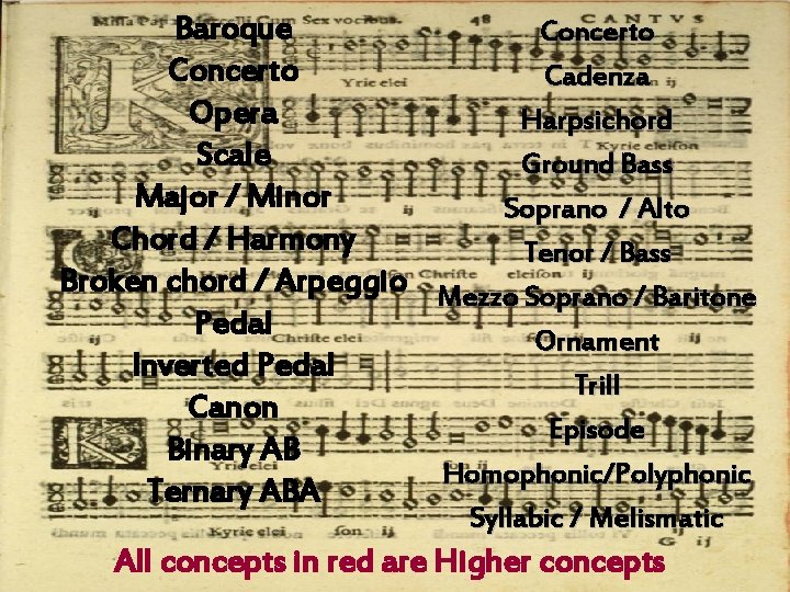 Baroque Concerto Cadenza Opera Harpsichord Scale Ground Bass Major / Minor Soprano / Alto