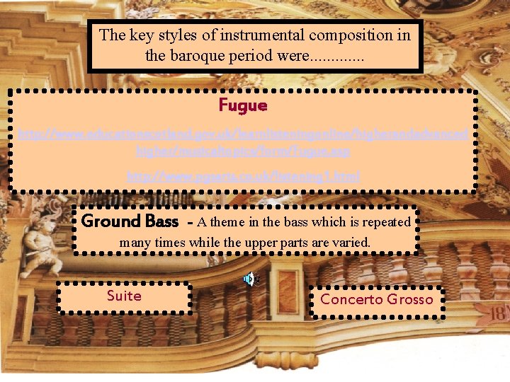 The key styles of instrumental composition in the baroque period were. . . Fugue