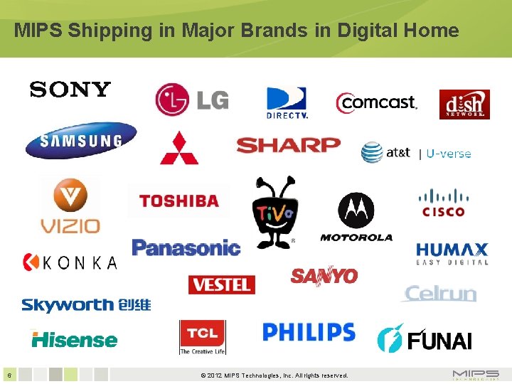 MIPS Shipping in Major Brands in Digital Home 6 © 2012 MIPS Technologies, Inc.