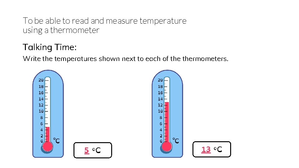 To be able to read and measure temperature using a thermometer Talking Time: Write