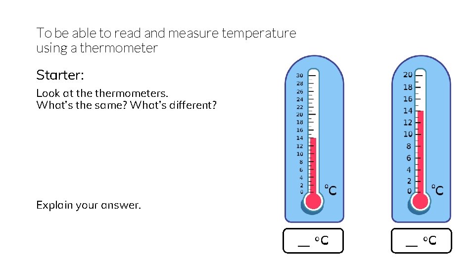 To be able to read and measure temperature using a thermometer Starter: Look at